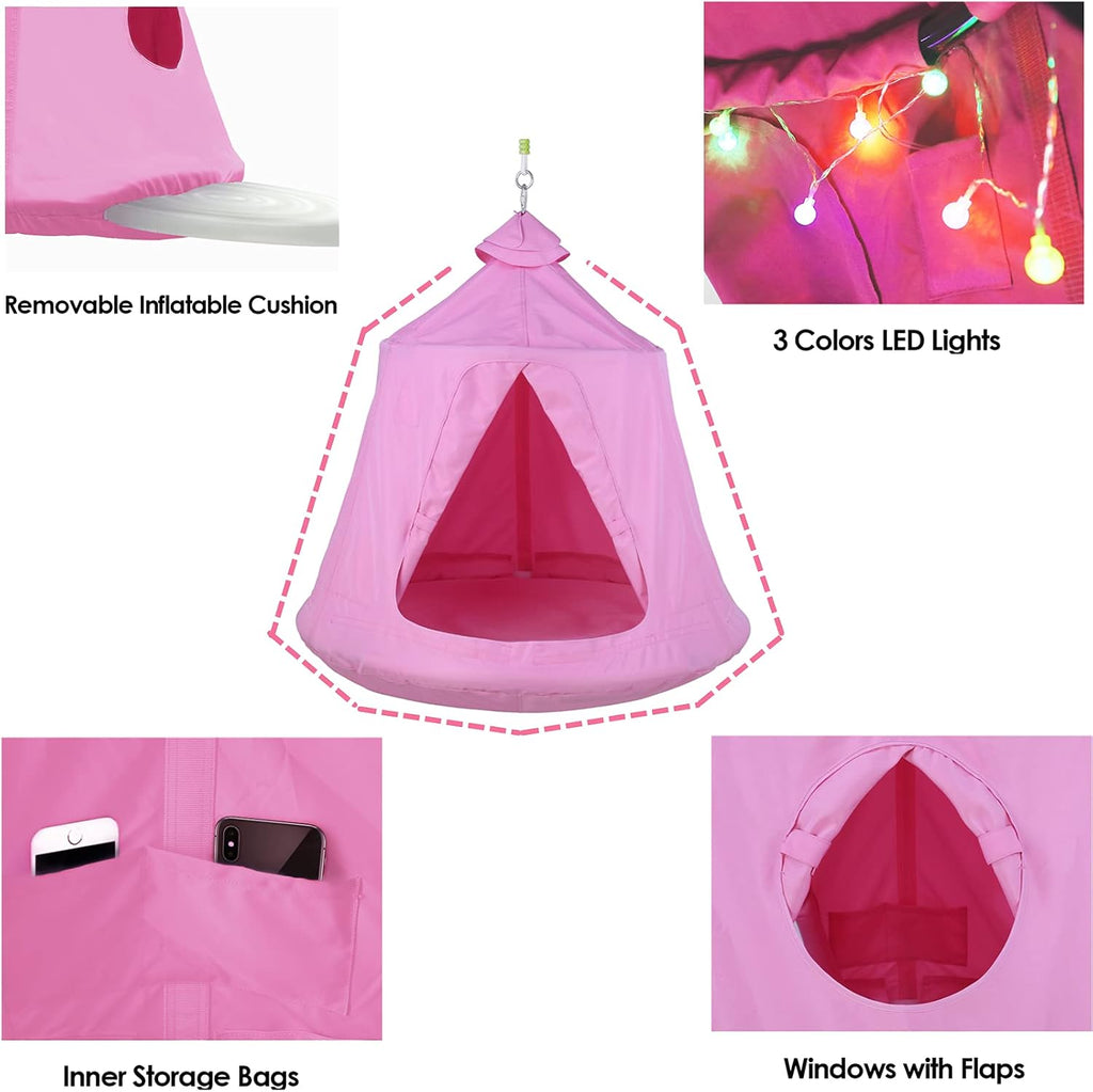 X-Shaped Hanging Tree Tent w/Swing Chair,Hammock Chair Stand Canopy w/Steel Frame,Indoor Outdoor Egg Basket Patio Seat w/Adjustable Solid Stand,Bedroom Porch Balcony Garden 330lb(Pink)