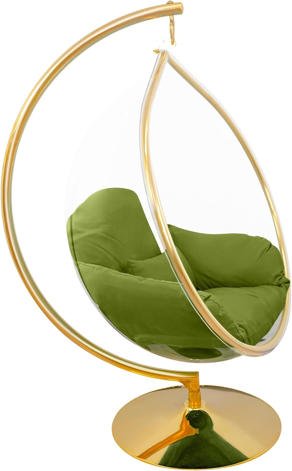 Hanging Chair - Transparent Acrylic Bubble, Waterdrop Shape, Indoor Swing Chair with Gold/Chrome Stand, Durable Fabric Cushion - Luxury Accent for Living Room, Bedroom (Gold/Green)