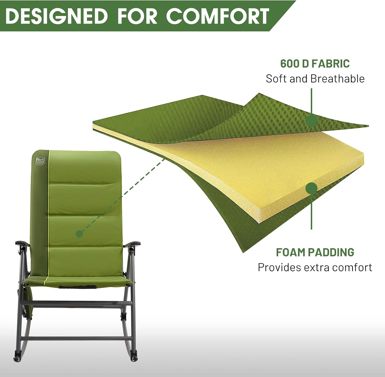 Timber Ridge Oversized Folding Rocking Camping Chair, Padded Outdoor Rocker with High Back, Portable Outdoor Chair for Patio, Garden, Lawn, Supports up to 400 lbs, Green