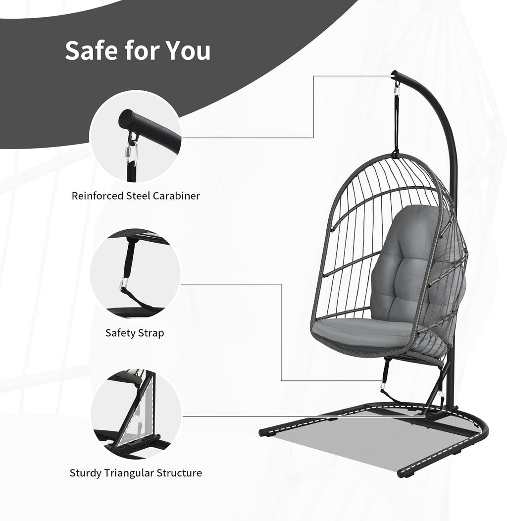 Giantex Hanging Egg Chair with Stand, Outdoor Indoor Foldable Swing Chair with Cushions, Rattan Hanging Basket Chairs with C Hammock Stand, Hanging Hammock Chair for Bedroom Balcony Patio (Grey)