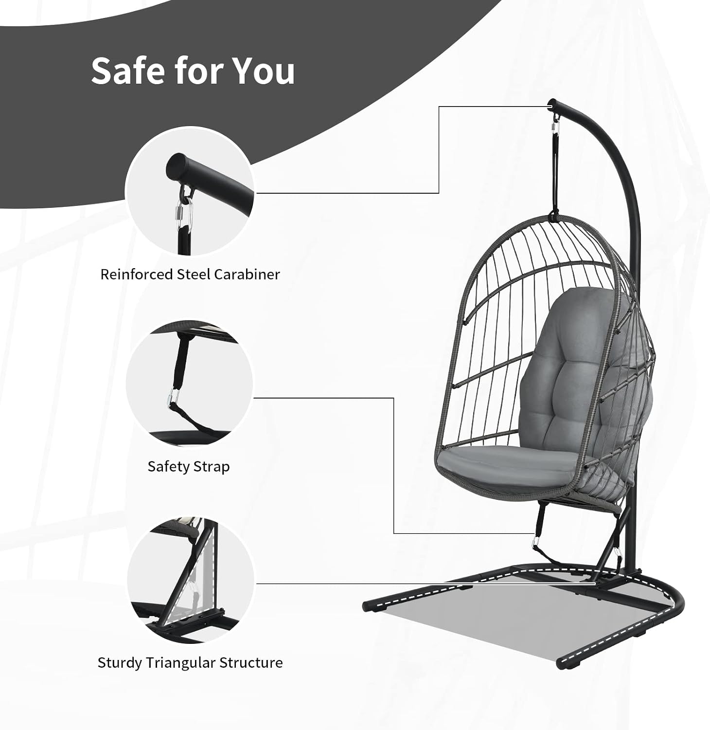 Giantex Hanging Egg Chair with Stand, Outdoor Indoor Foldable Swing Chair with Cushions, Rattan Hanging Basket Chairs with C Hammock Stand, Hanging Hammock Chair for Bedroom Balcony Patio (Grey)
