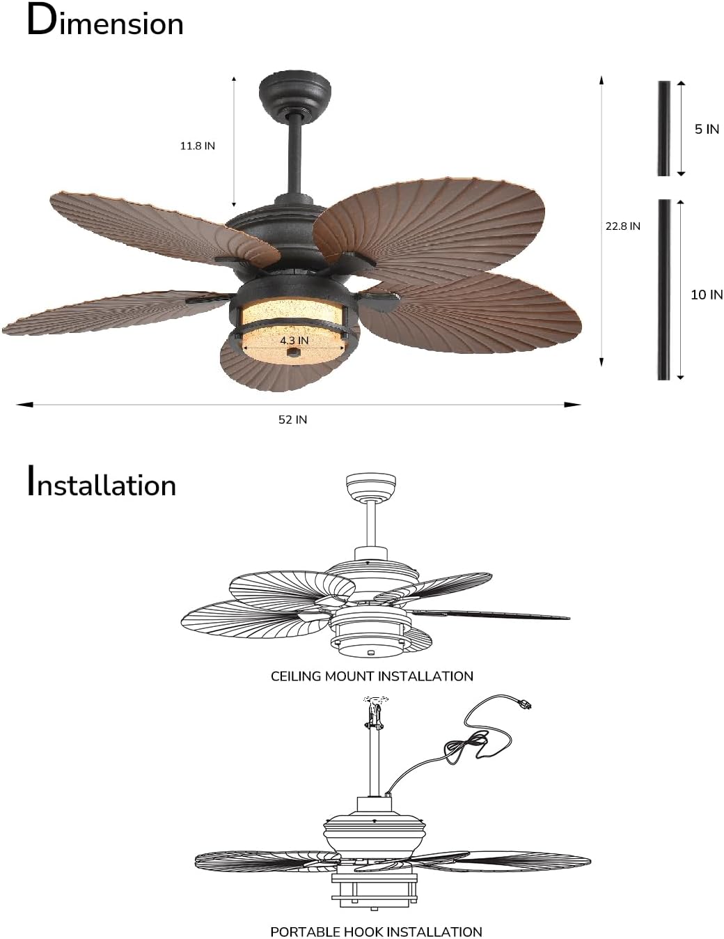 Orison 52'' Outdoor Ceiling Fan with Lights, Tropical Palm Leaf Fan, Wet Rated for Patio, Porch & Gazebo, Dimmable LED, 6-Speed, Remote & App Control, Plug-in/Flush Mount, Bronze