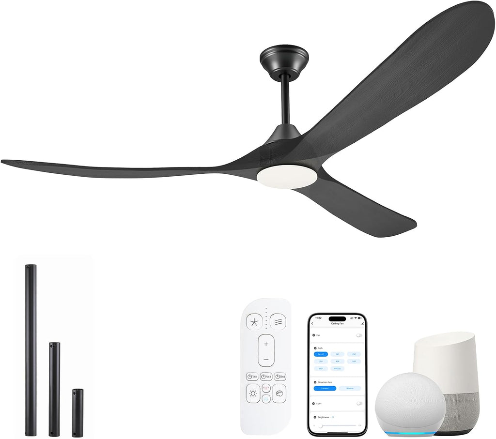 70 Inch Smart Ceiling Fan with Light, 3 Wood Blade Large Black Ceiling Fan with Light, Quiet Reversible DC Motor Ceiling Fans with Remote/Tuya App, Compatible with Alexa Google Home, Indoor & Outdoor