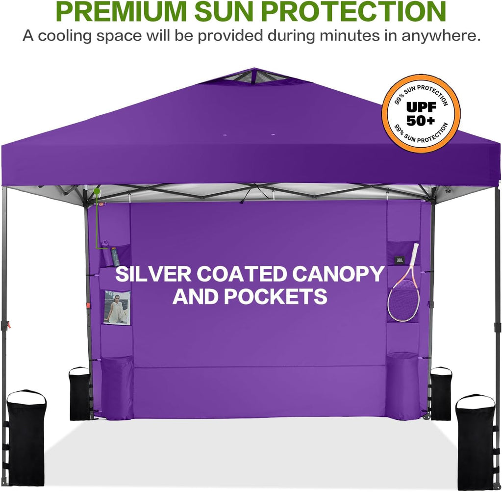 Tunbne 12'x12' Pop Up Canopy Tent with 1 Sidewall and 6 Pockets, One Push Setup, Case, 8 Stakes, 4 Ropes, 4 Sandbags (Purple, 12x12)