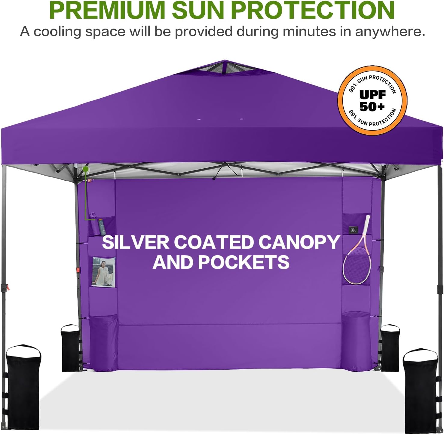 Tunbne 12'x12' Pop Up Canopy Tent with 1 Sidewall and 6 Pockets, One Push Setup, Case, 8 Stakes, 4 Ropes, 4 Sandbags (Purple, 12x12)