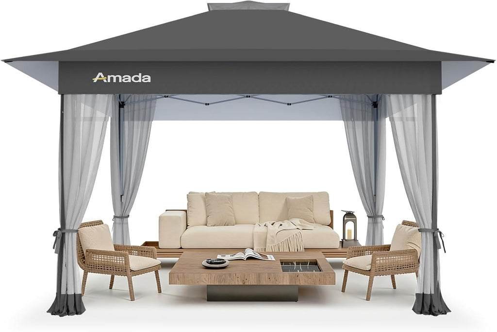 Amada 13x13 Pop Up Gazebo for Backyard & Patio Furniture,Gazebos on Clearance with Wheeled STO-N-Go Cover Bag,Carpa Pop Up Tent Party Tent and Shelter with Mosquito Netting for Lawn,Garden,Deck,Grey