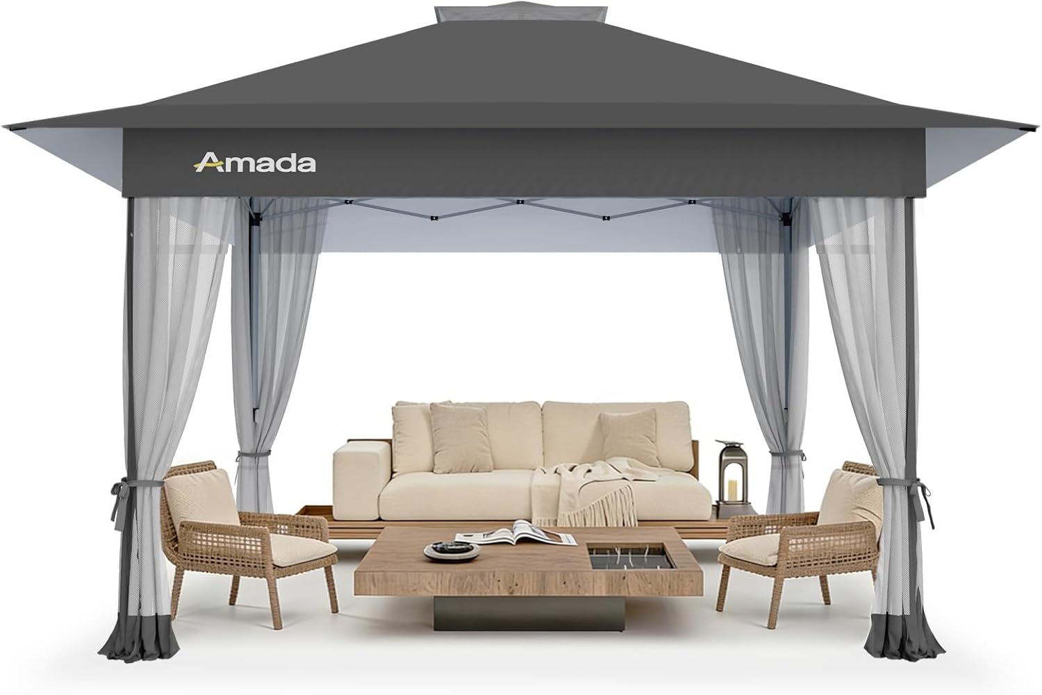 Amada 13x13 Pop Up Gazebo for Backyard & Patio Furniture,Gazebos on Clearance with Wheeled STO-N-Go Cover Bag,Carpa Pop Up Tent Party Tent and Shelter with Mosquito Netting for Lawn,Garden,Deck,Grey