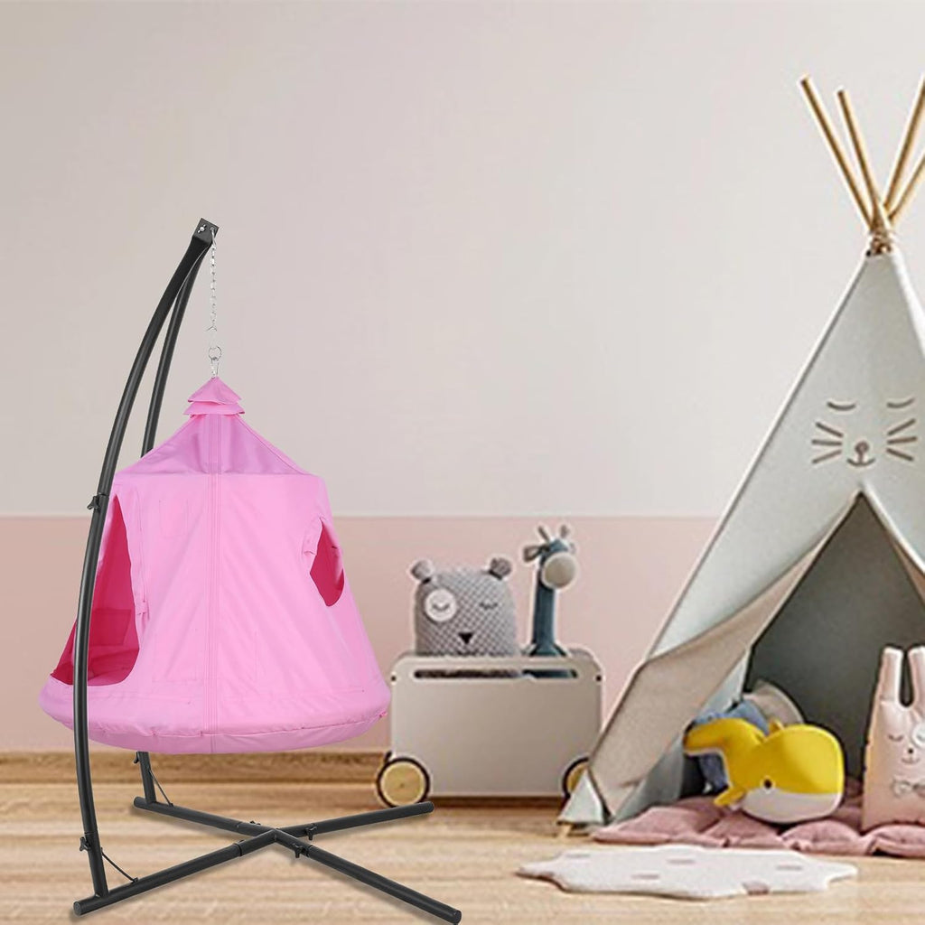 X-Shaped Hanging Tree Tent w/Swing Chair,Hammock Chair Stand Canopy w/Steel Frame,Indoor Outdoor Egg Basket Patio Seat w/Adjustable Solid Stand,Bedroom Porch Balcony Garden 330lb(Pink)