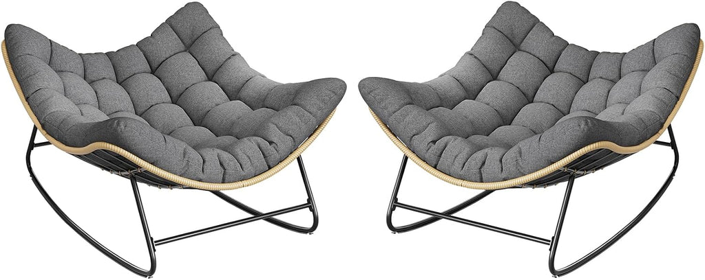 Outdoor Rocking Chair, 2 PCS Indoor Papasan Chairs, Oversized Egg Rocking Chair with Thick Cushion, Rattan Wicker Rocker Lounge Chair for Bedroom, Living Room, Patio, Garden, Porch (Dark Grey)