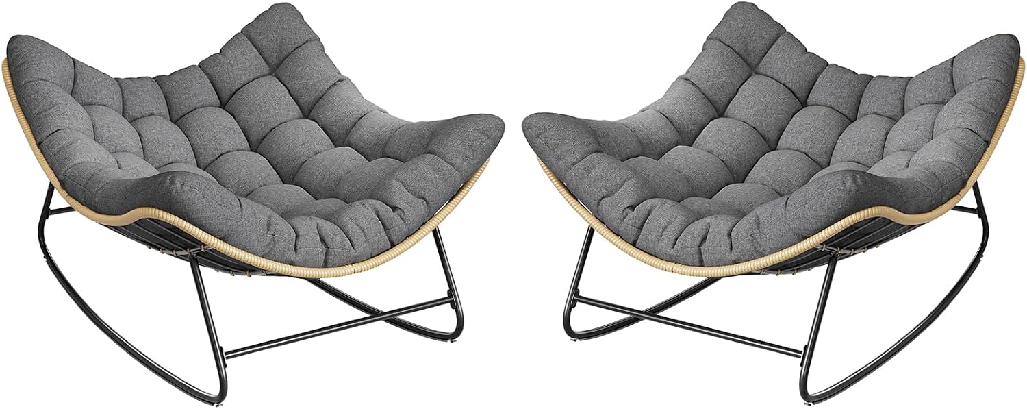 Outdoor Rocking Chair, 2 PCS Indoor Papasan Chairs, Oversized Egg Rocking Chair with Thick Cushion, Rattan Wicker Rocker Lounge Chair for Bedroom, Living Room, Patio, Garden, Porch (Dark Grey)