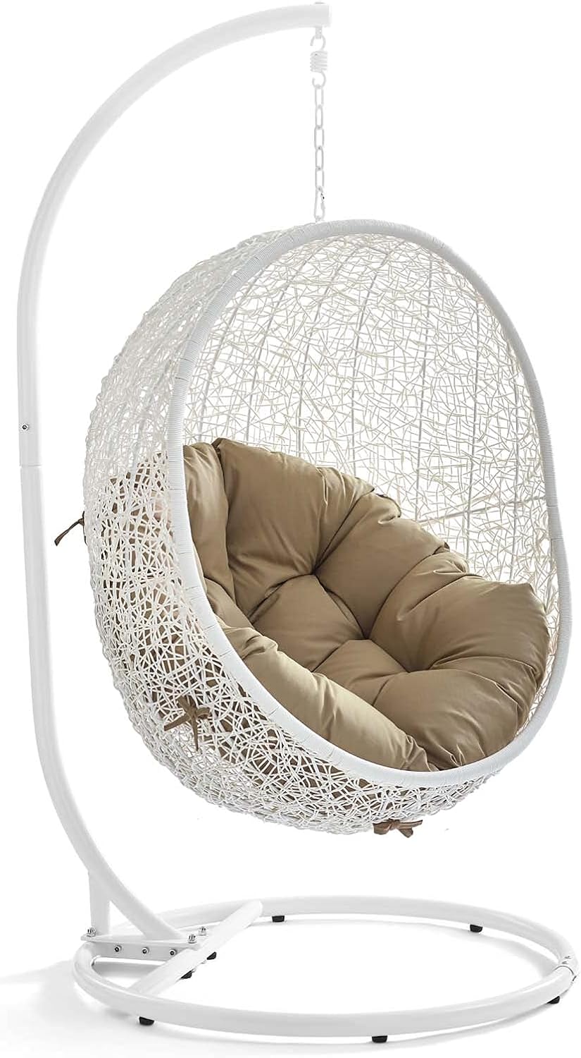 Modway Hide Wicker Rattan Outdoor Patio Porch Lounge Egg Swing Chair Set with Stand in White Mocha