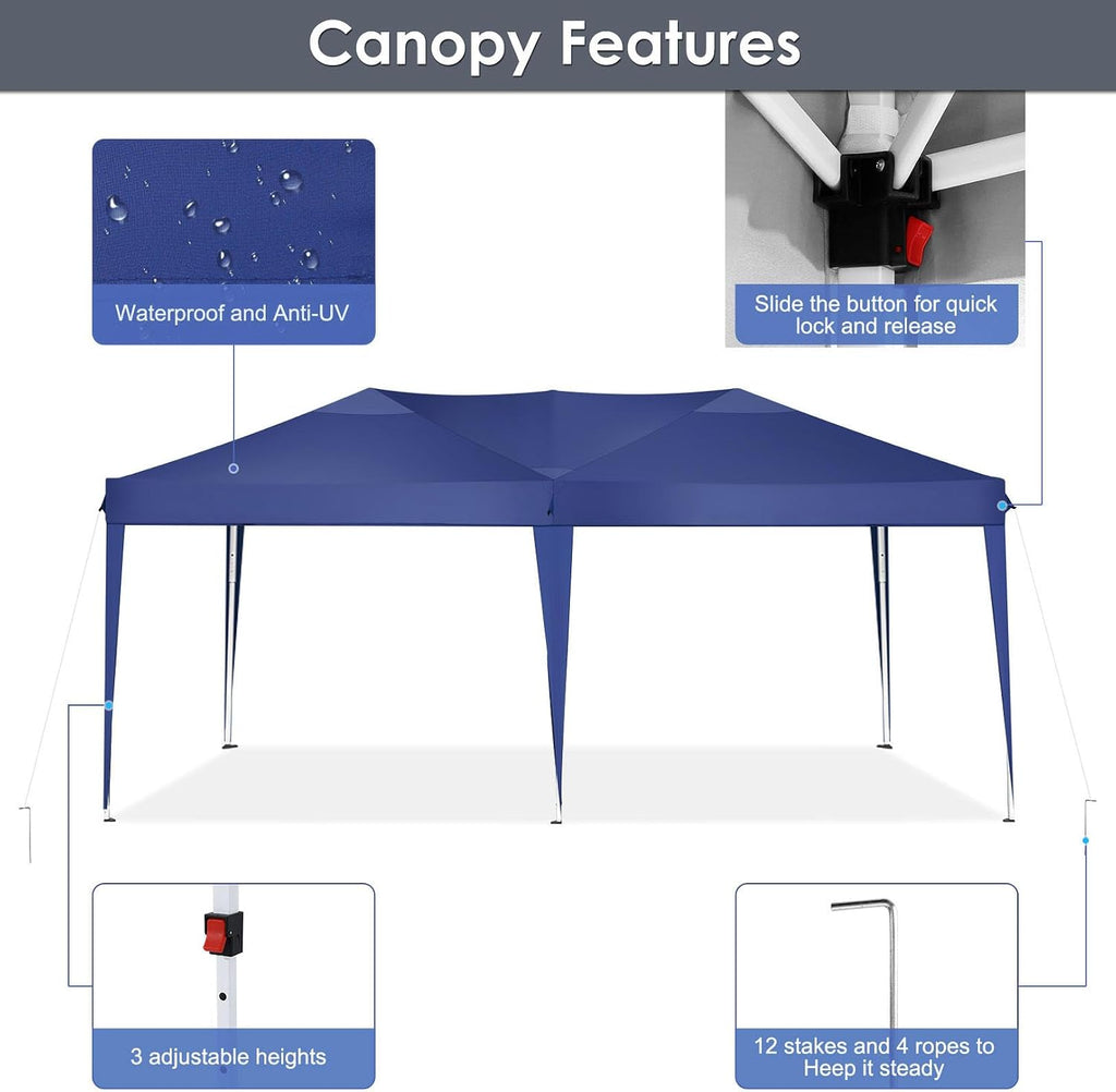 COBIZI 10x20 Pop Up Canopy Tent Party Tents for Parties Weddings Backyard Waterproof Outdoor Commercial Instant Canopy Event Tent with Stakes, Ropes,Sandbags, Deep Blue
