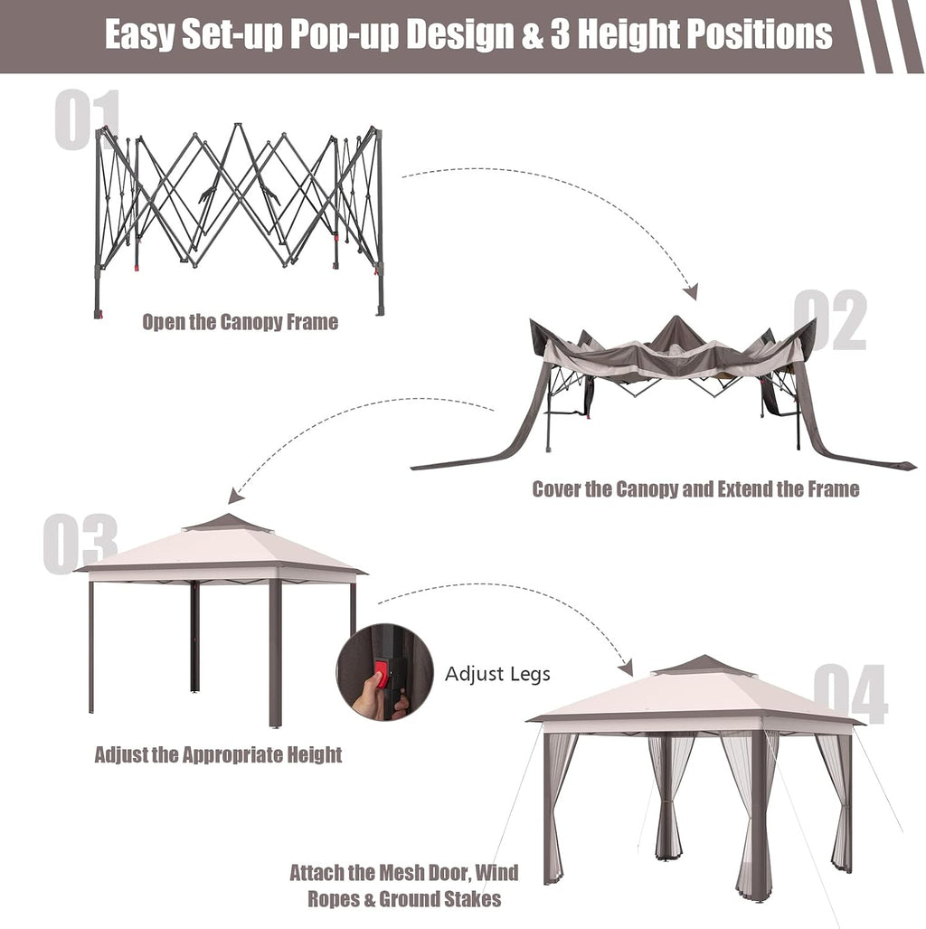Tangkula 11x11 Ft Pop up Gazebo, 2-Tier Patio Gazebo with Netting, Carry Bag, Easy Set up Outdoor Gazebo with 121 Square Feet of Shade for Backyard, Deck, Poolside (Beige)