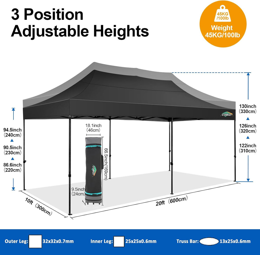 COBIZI 10x20 Pop up Canopy Tent 10x20 Canopy with 6 Sidewalls Waterproof Heavy Duty Commercial Canopy Tent for Parties Outdoor Garden Gazebo, Carry Bag with Wheel(10x20ft, Black)