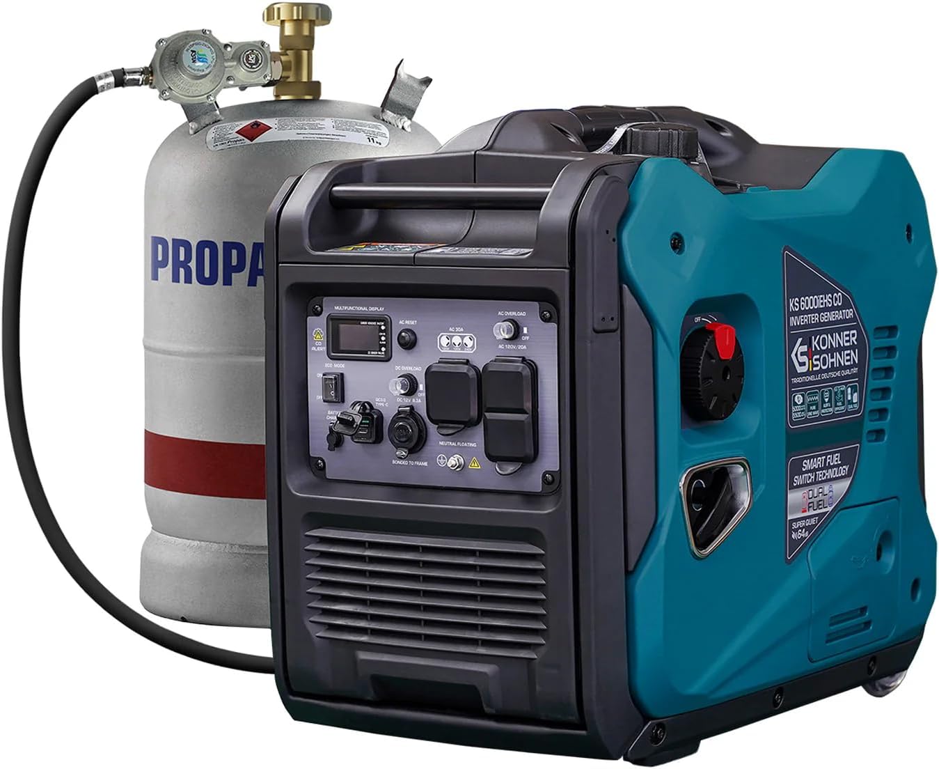 Konner&Sohnen Dual Fuel Inverter Generator - 6000W, 120/240V, Portable and Lightweight, Super Quiet with CO Sensor and Fuel-Efficient Technology, Gas & LPG Powered (German brand,model:KS 6000iEHS CO)