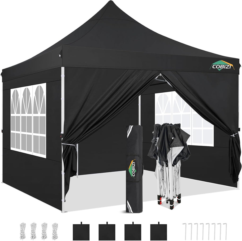 COBIZI 10x10 Pop Up Canopy with 4 Sidewalls, Pop up Tent 10x10 for Parties, Backyard, Commercial, Waterproof and Portable Instant Shelter UV50+ Ez Outdoor Canopy Gazebo with 4 Sandbags