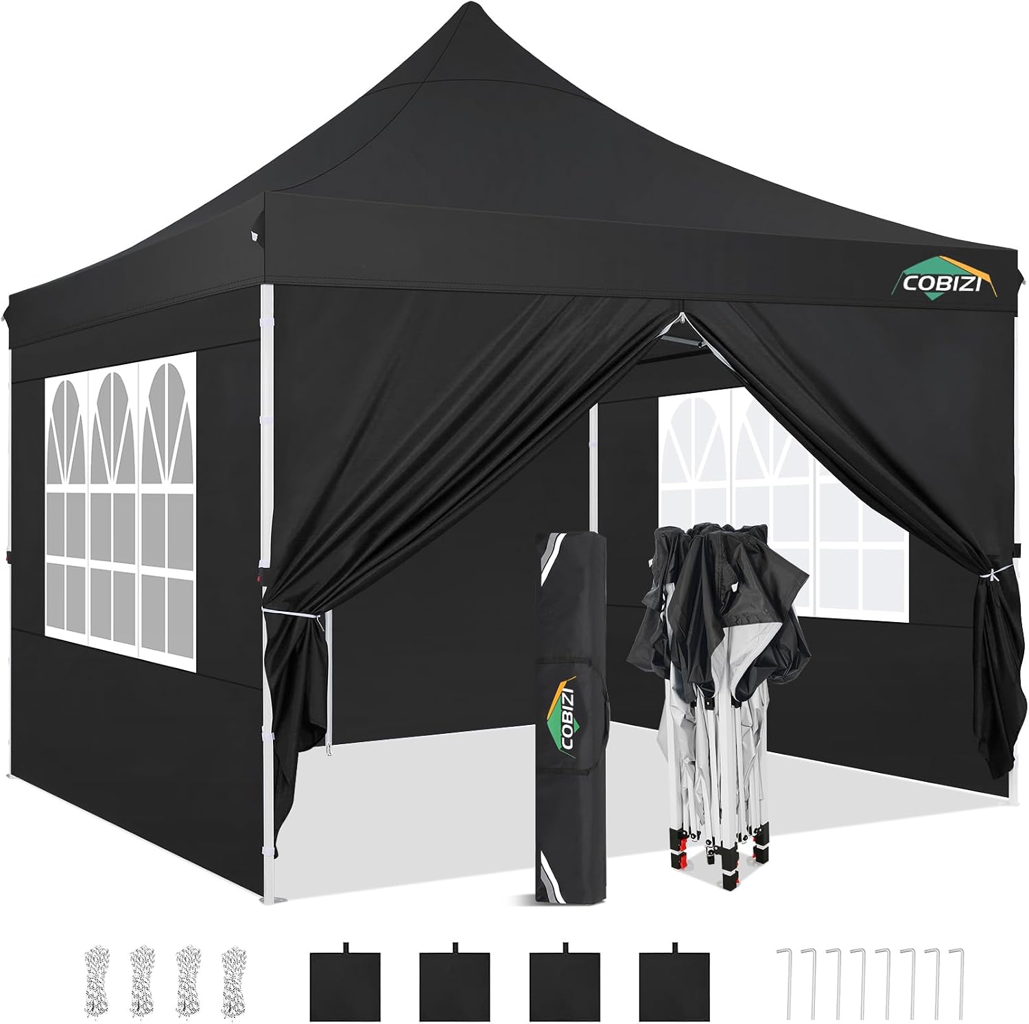 COBIZI 10x10 Pop Up Canopy with 4 Sidewalls, Pop up Tent 10x10 for Parties, Backyard, Commercial, Waterproof and Portable Instant Shelter UV50+ Ez Outdoor Canopy Gazebo with 4 Sandbags