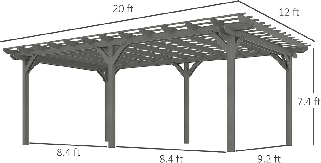 Outsunny 12' x 20' Outdoor Pergola, Wood Gazebo Grape Trellis with Stable Structure for Climbing Plant Support, Garden, Patio, Backyard, Deck, Gray