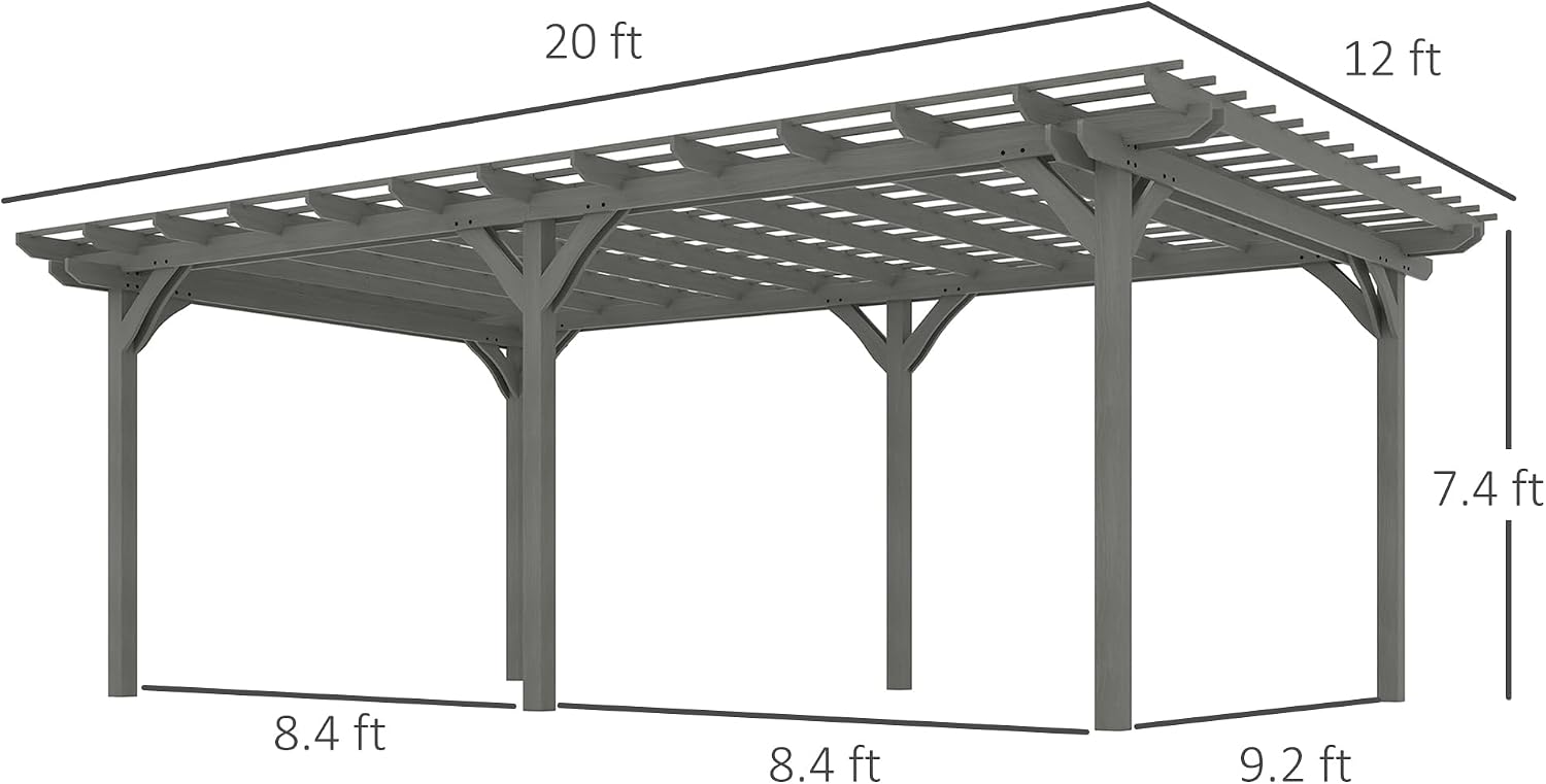 Outsunny 12' x 20' Outdoor Pergola, Wood Gazebo Grape Trellis with Stable Structure for Climbing Plant Support, Garden, Patio, Backyard, Deck, Gray