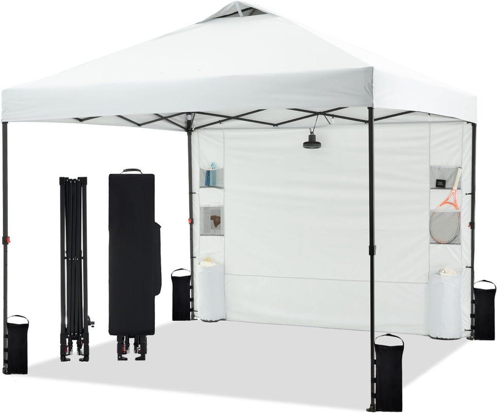 Tunbne 10'x10' Pop Up Canopy Tent with 1 Sidewall and 6 Pockets, One Push Setup, Instant Shade Tent with Vented Roof for Beach Patio Outdoor, Case, 8 Stakes, 4 Ropes, 4 Sandbags (White)