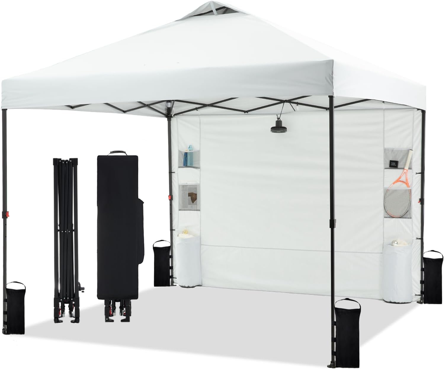 Tunbne 10'x10' Pop Up Canopy Tent with 1 Sidewall and 6 Pockets, One Push Setup, Instant Shade Tent with Vented Roof for Beach Patio Outdoor, Case, 8 Stakes, 4 Ropes, 4 Sandbags (White)