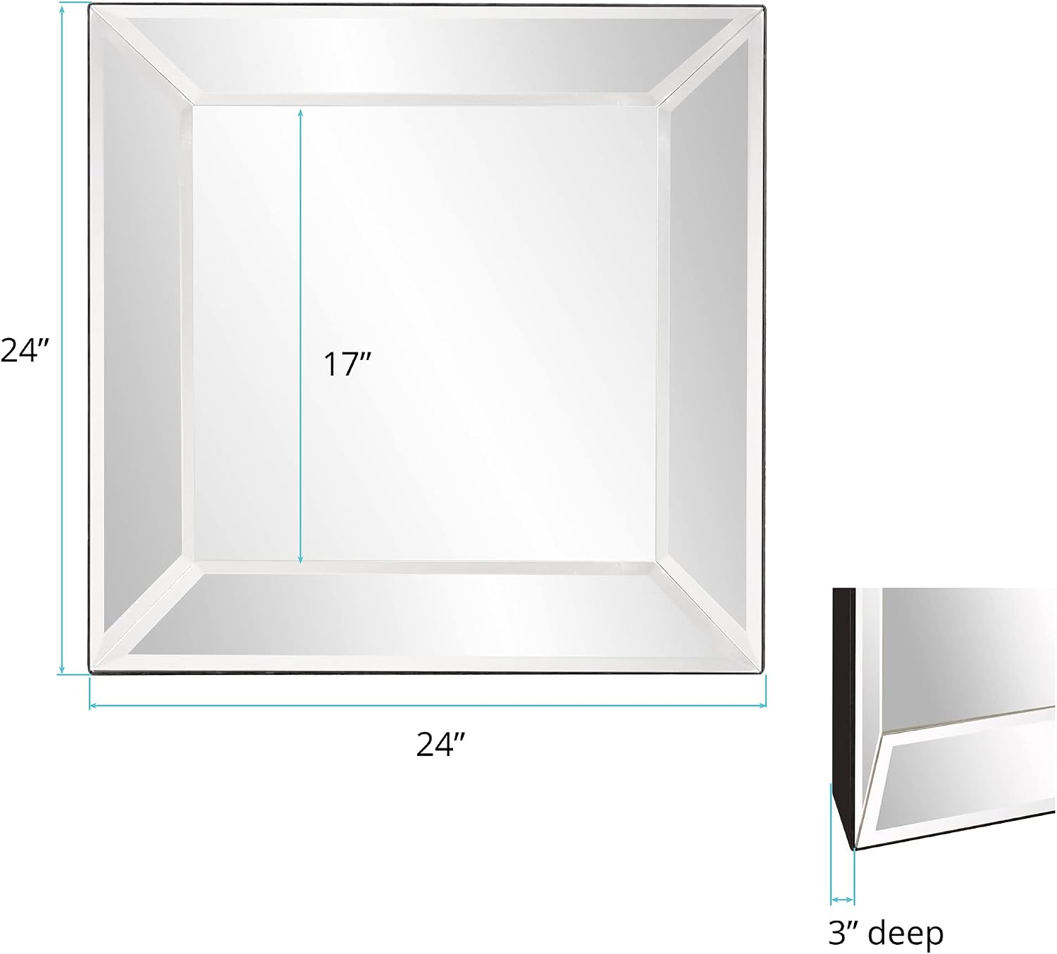 Howard Elliott Collection Vogue Inward Rectangular Hanging Wall Mirror, Large Silver Decorative Wall Mounted Vanity Mirror with Glass Frame for Bedroom, Living Room & Entryway, 24 x 24 Inch