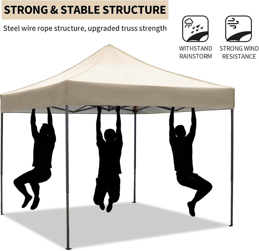 10x10 Pop up Canopy Tent with Awning Easy up Canopy with Wheel Bag Heavy Duty Waterproof Canopy Commercial Gazebo Tent for Outdoors Parties Vendors (Khaki)