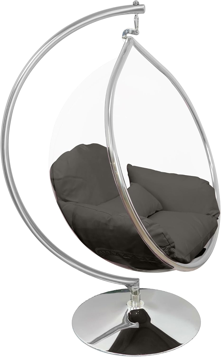 Hanging Chair - Transparent Acrylic Bubble, Waterdrop Shape, Indoor Swing Chair with Gold/Chrome Stand, Durable Fabric Cushion - Luxury Accent for Living Room, Bedroom (Chrome/Darkgray)