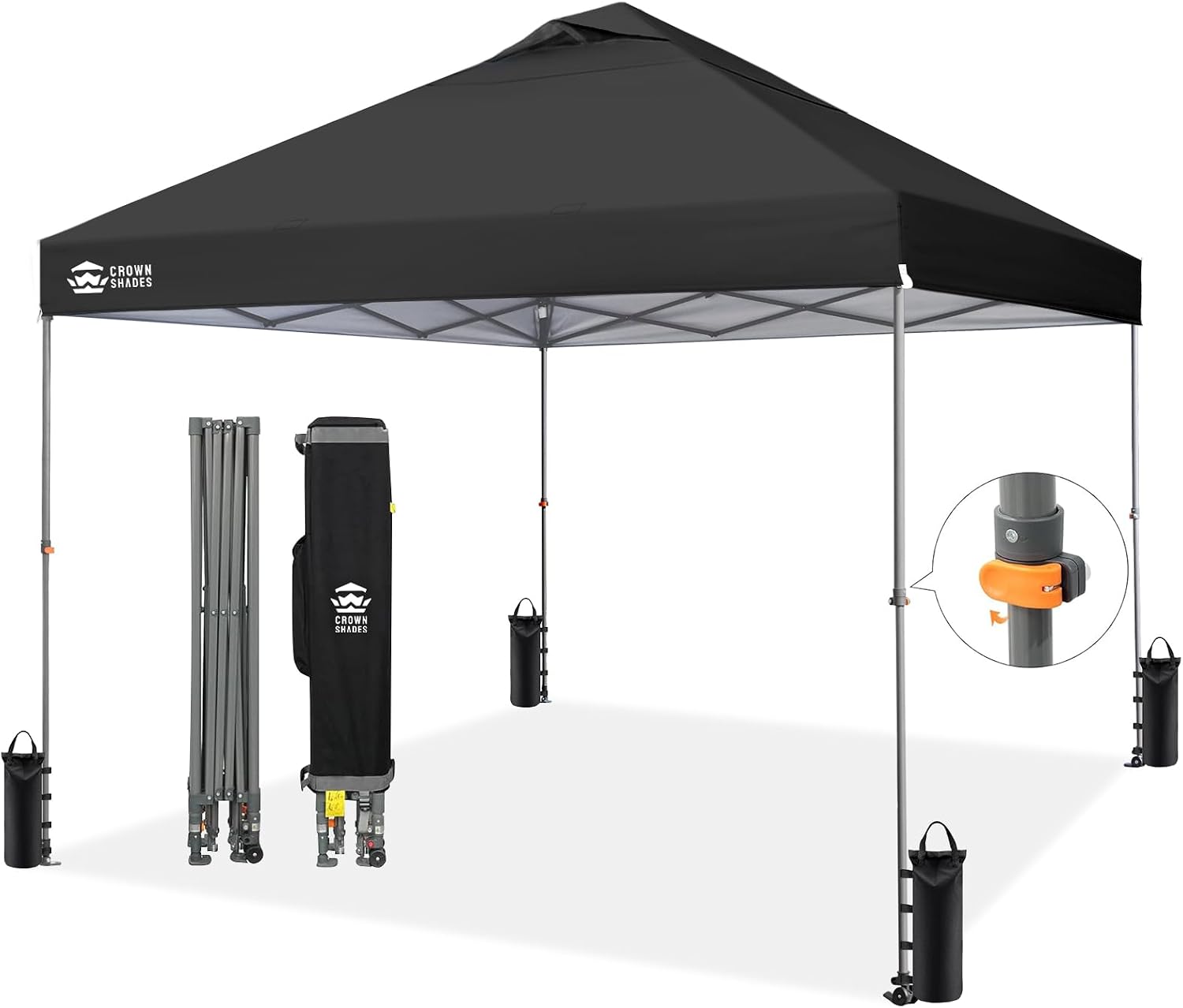 CROWN SHADES Adjustable Height on The Fly, 10x10 Pop Up Canopy - Beach Tent with One Push Setup - Easy Outdoor Sun Shade for Events, Parties, Camping - Outside Shade with STO-N-Go Bag, Black