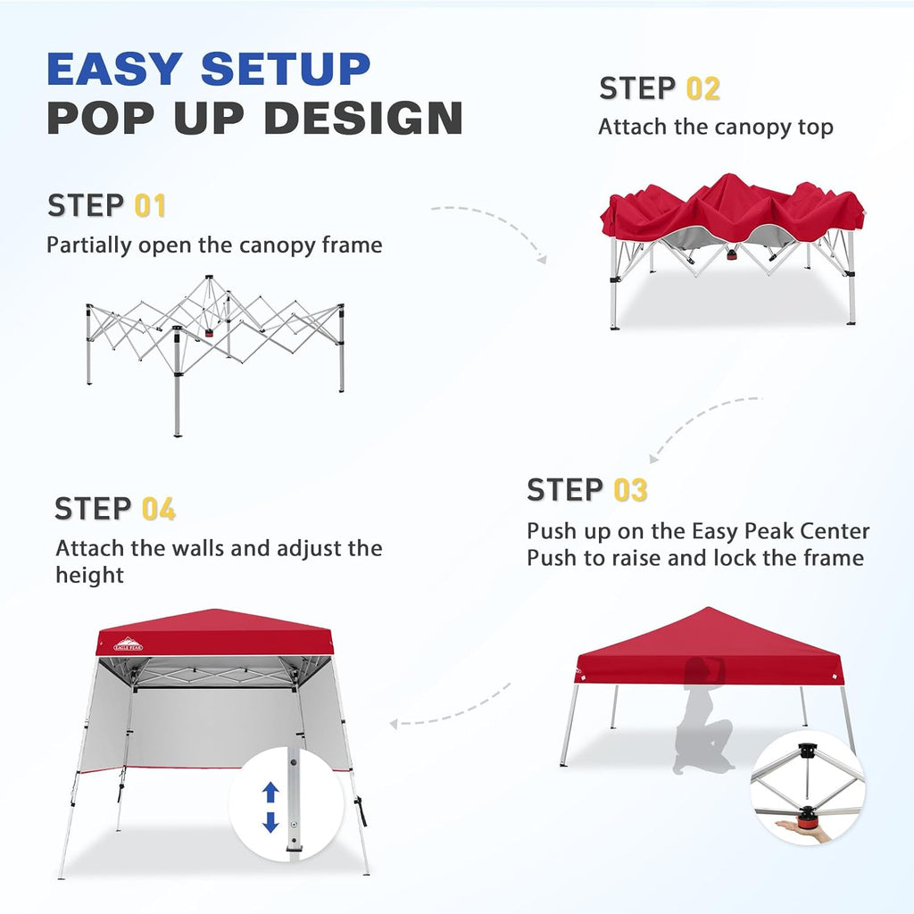 EAGLE PEAK Day Tripper 8x8 Aluminum Super-Lightweight Slant Leg Pop Up Canopy with 3 Removable Walls, Instant Outdoor Backpack Canopy Tent, Outside Beach Folding Sun Shelter, 8x8 Base 6x6 Top, Red