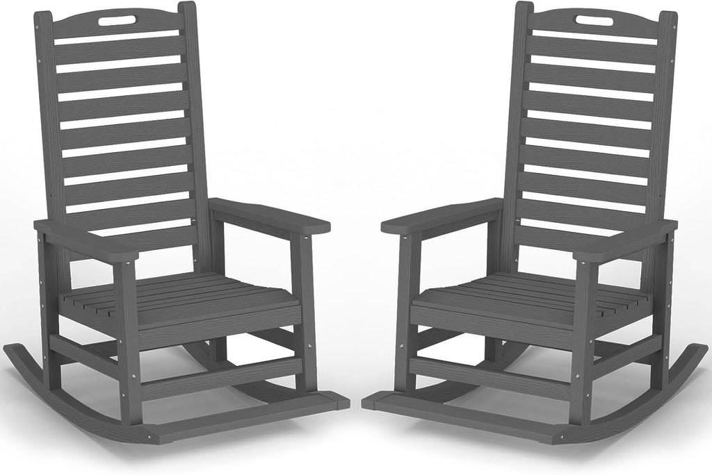 PLUUV Outdoor Rocking Chair Set of 2 with Removable Footboard for Adults, HDPE High Back Patio Rocking Chairs, 330lbs All Weather Porch Rocking Chairs for Outdoor & Indoor -Grey