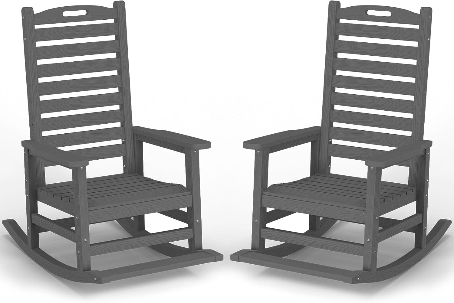PLUUV Outdoor Rocking Chair Set of 2 with Removable Footboard for Adults, HDPE High Back Patio Rocking Chairs, 330lbs All Weather Porch Rocking Chairs for Outdoor & Indoor -Grey
