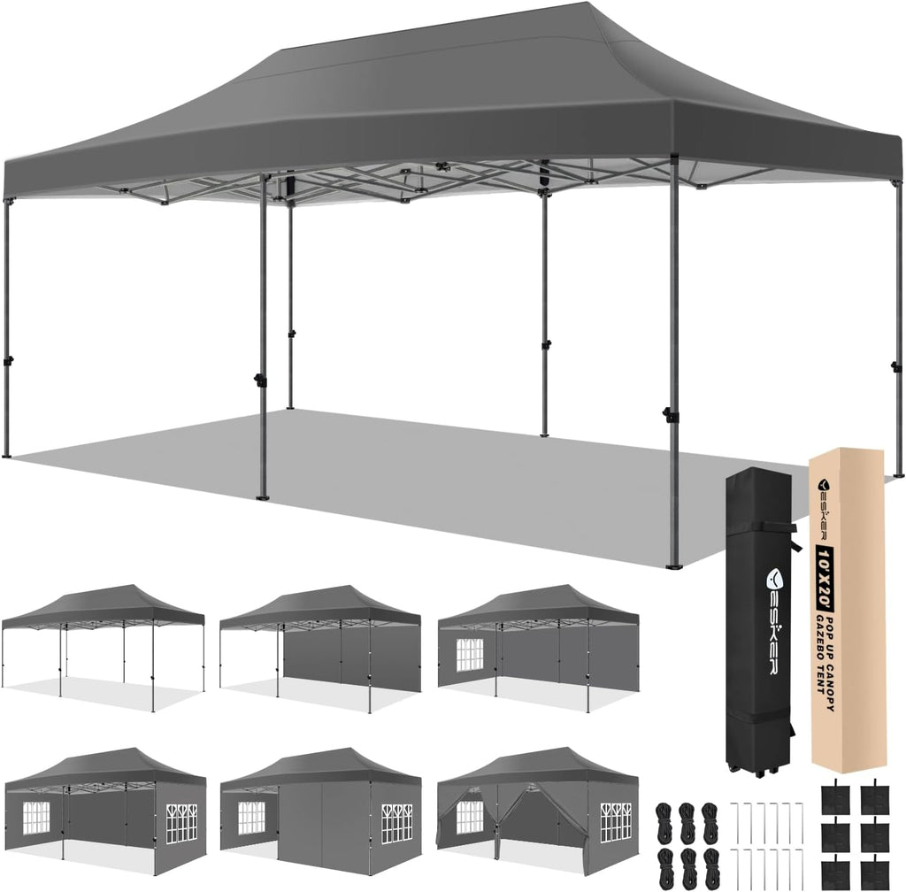 Yesker 10x20 Pop Up Canopy Tent with Sidewalls Instant Outdoor Canopy, Waterproof & UV Protection, Easy Setup Adjustable Height Heavy Duty Shelter Gazebo Tent for Patio Backyard Party Events, Gray