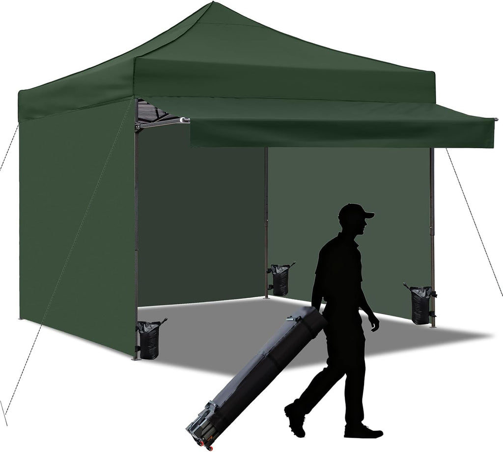 10x10 Pop up Canopy Tent with Awning Easy up Canopy with Wheel Bag Heavy Duty Waterproof Canopy Commercial Gazebo Tent for Outdoors Parties Vendors(Dark Green