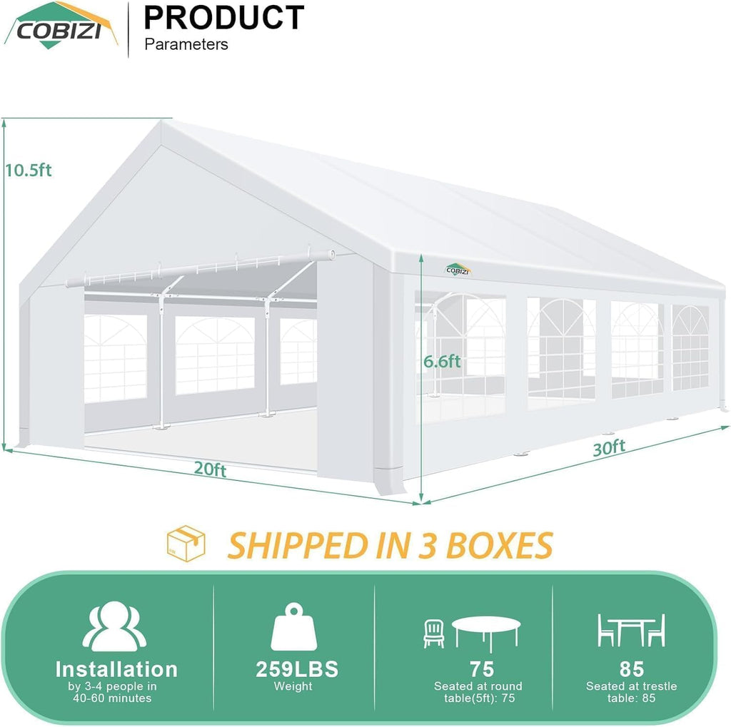 COBIZI 20x30 Heavy Duty Party Tent Outdoor Waterproof Canopy with 12 Church Windows & 8 Sidewalls, Built-in Sandbag, White Powder Coating Commercial Event Shelter Tents for Parties Wedding BBQ Patio