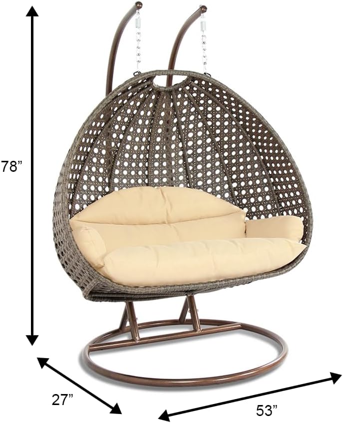 LeisureMod 2-Person Wicker Egg Chair, Hanging Swing Chair for Indoor & Outdoor Use with Cushions, Beige Steel Stand, UV-Resistant, Hammock Lounge Seat for Patio, Porch, or Bedroom (Cream)