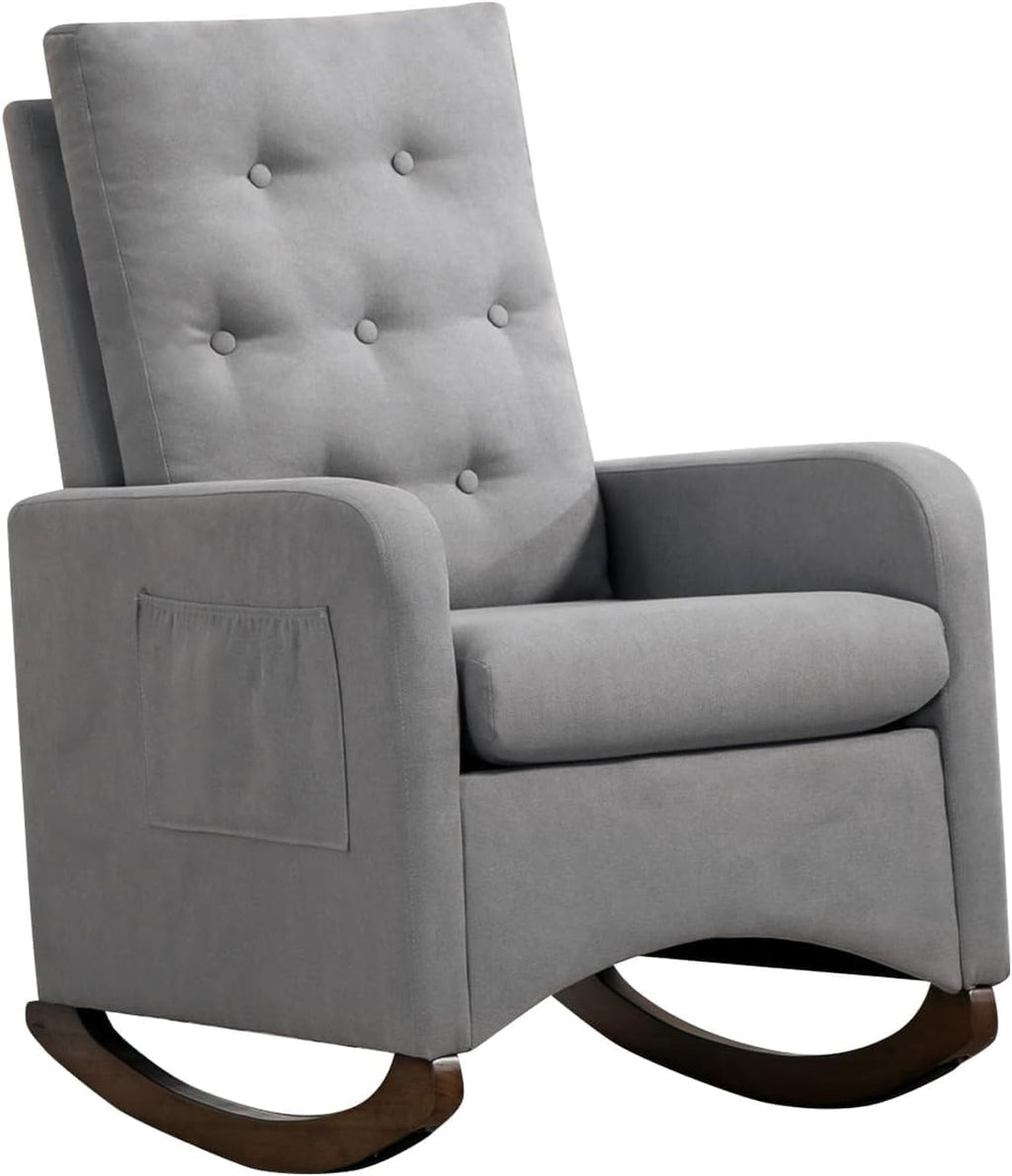 Nursery Rocking Chair, Comfy Upholstered Glider Rocker Armchair with Rubber Wood Legs High Back and Side Pocket for Living Room Bedroom, Light Gray