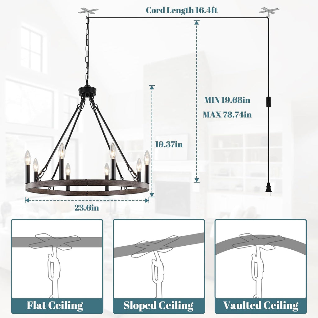 ETONIMERR Plug in Chandelier Wagon Wheel, 8 Light 23.6'' Round Farmhouse Hanging Light with Plug in Cord, Dining Room Plug in Pendant Light with Wood Grain Finish,Outdoor Chandelier for Gazebo Porch