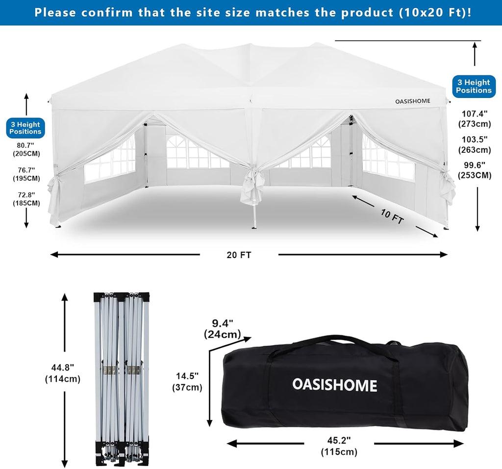 OASISHOME Pop-up Gazebo Canopy Tent 10'x20' with 6 Removable Sidewalls, Windows, Stakes, Ropes, Carry Bag,Suitable for Patio, Outdoor, Wedding Parties&Commercial Events (White, 10X20)