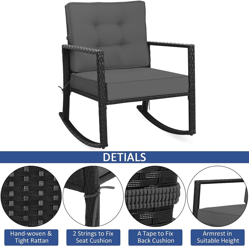 Tangkula 2 Pieces Wicker Rocking Chairs, Outdoor Glider Rattan Rocker Chair with Heavy-Duty Steel Frame, Patio Wicker Furniture Seat with 5' Thick Cushion for Garden, Porch, Backyard, Poolside