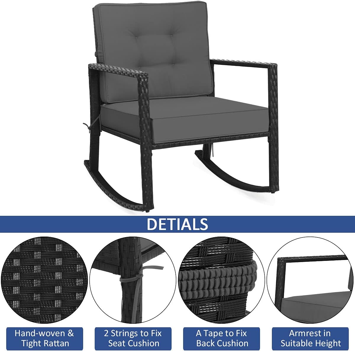Tangkula 2 Pieces Wicker Rocking Chairs, Outdoor Glider Rattan Rocker Chair with Heavy-Duty Steel Frame, Patio Wicker Furniture Seat with 5' Thick Cushion for Garden, Porch, Backyard, Poolside