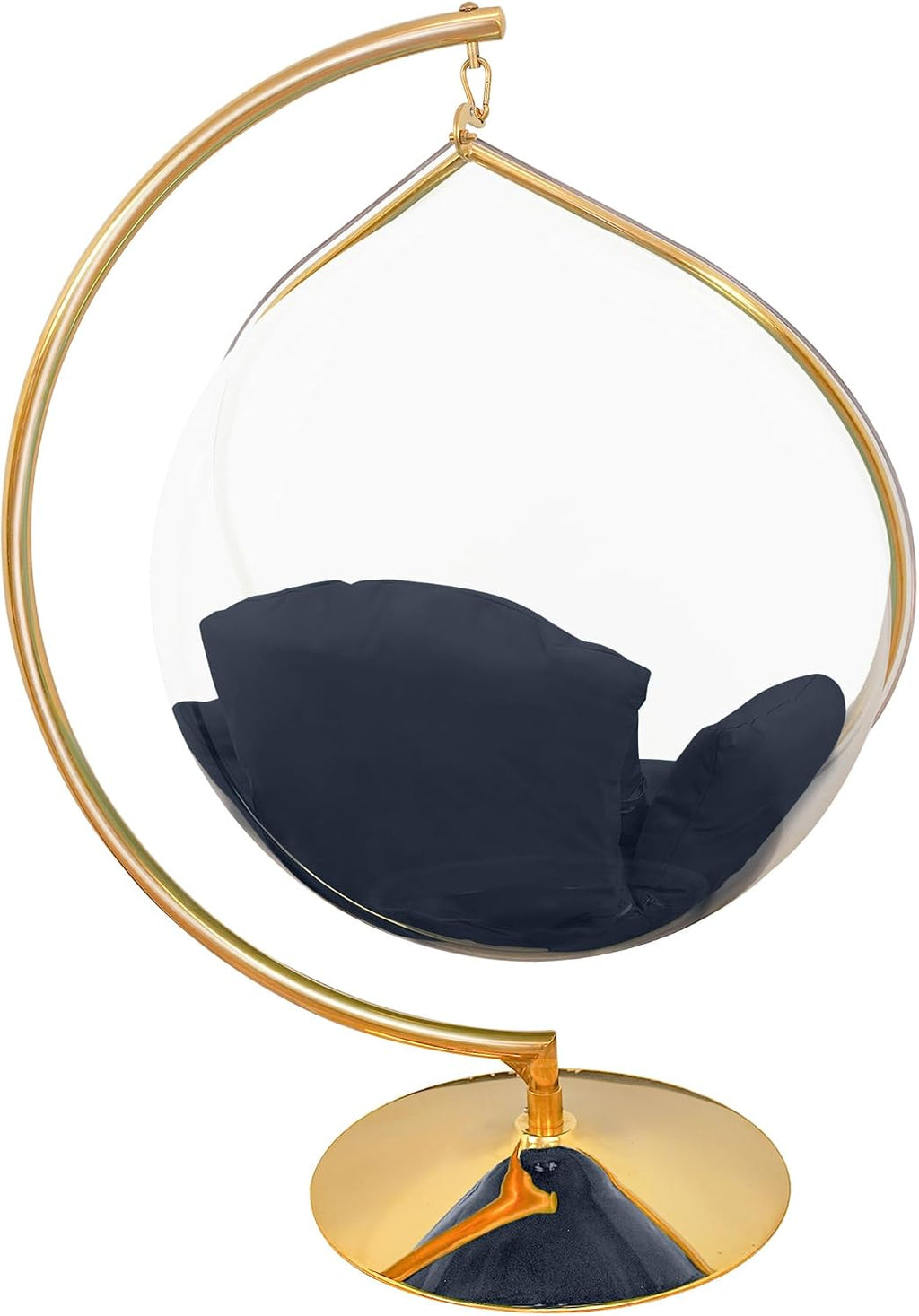 Hanging Chair - Transparent Acrylic Bubble, Waterdrop Shape, Indoor Swing Chair with Gold/Chrome Stand, Durable Fabric Cushion - Luxury Accent for Living Room, Bedroom (Gold/NavyBlue)