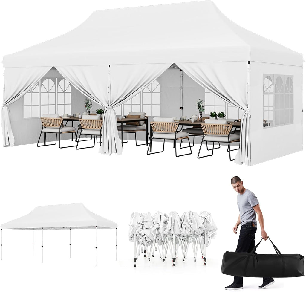HAPPYGRILL 10x20FT Pop-up Canopy with Detachable Sidewalls, Instant Canopy Tent with Carrying Bag, UPF50+ Sun Protection, Easy Setup Gazebo for Outdoor Party Wedding, White