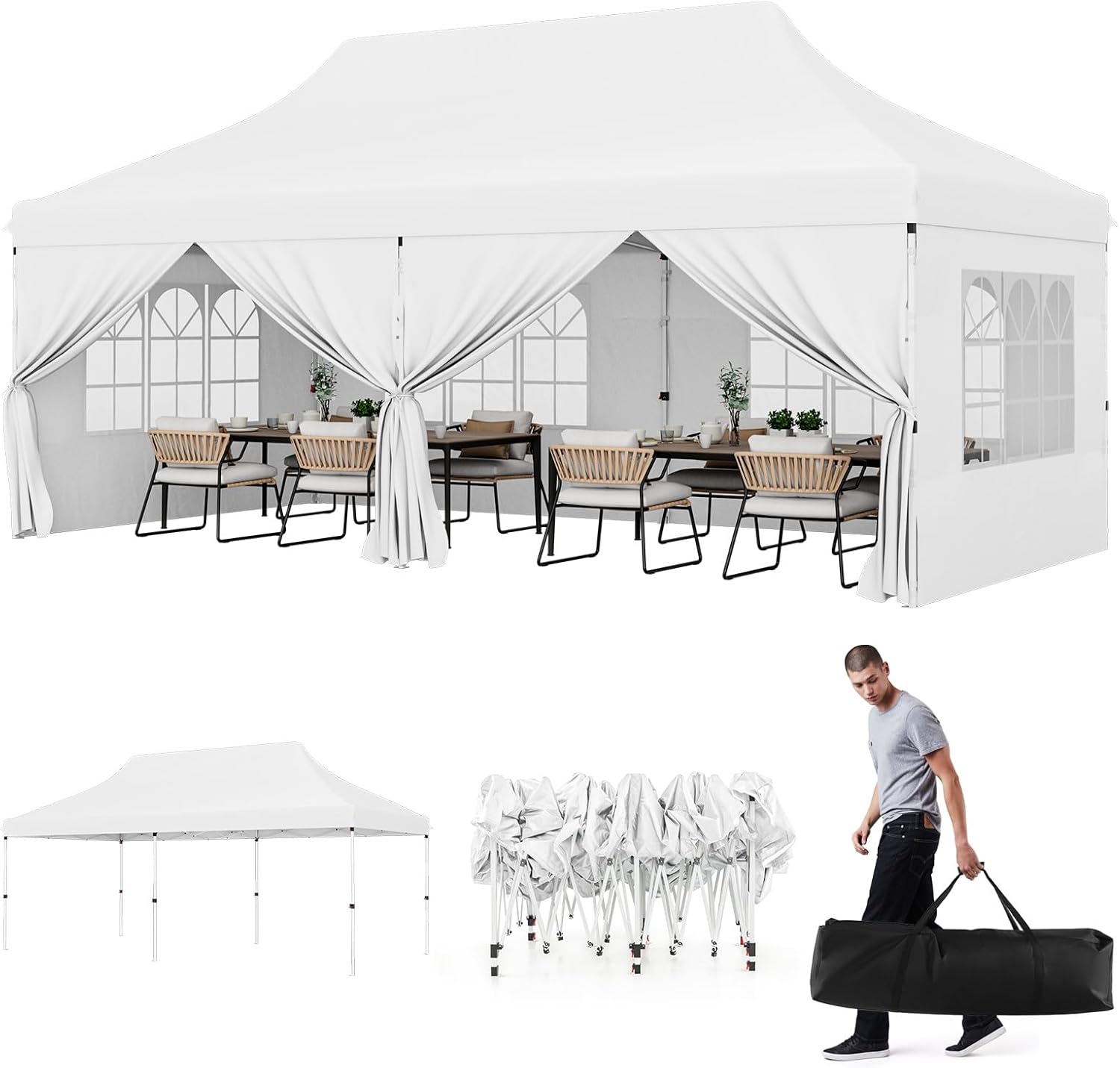 HAPPYGRILL 10x20FT Pop-up Canopy with Detachable Sidewalls, Instant Canopy Tent with Carrying Bag, UPF50+ Sun Protection, Easy Setup Gazebo for Outdoor Party Wedding, White