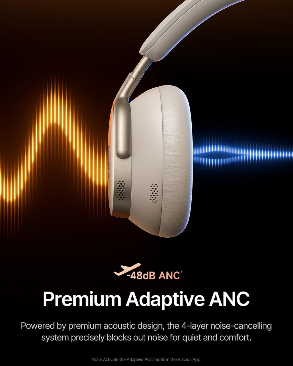 Baseus Inspire XH1 Adaptive Active Noise Cancelling Headphones, Sound by Bose, Dolby Audio, Premium Real-Time Adaptive ANC, Adaptive Rich Sound, Hi-Res Audio, 100H Playtime - Starlight Off-White