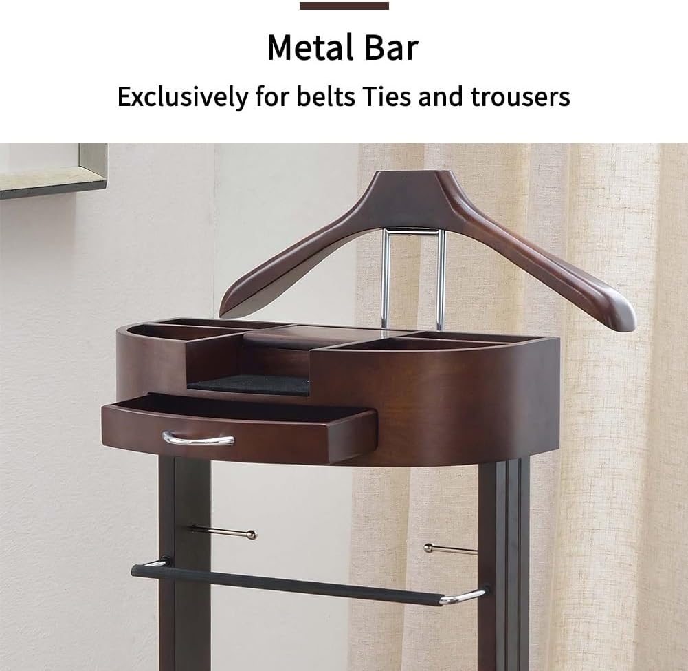 Wood Suit Valet Stand With Drawer Top Tray Freestanding Clothing Valet Stand Suit With Contour Hanger Trouser Bar Tie & Belt Hooks And Shoe Rack Clothes Rack Organizer Storage (Dark Brown B)