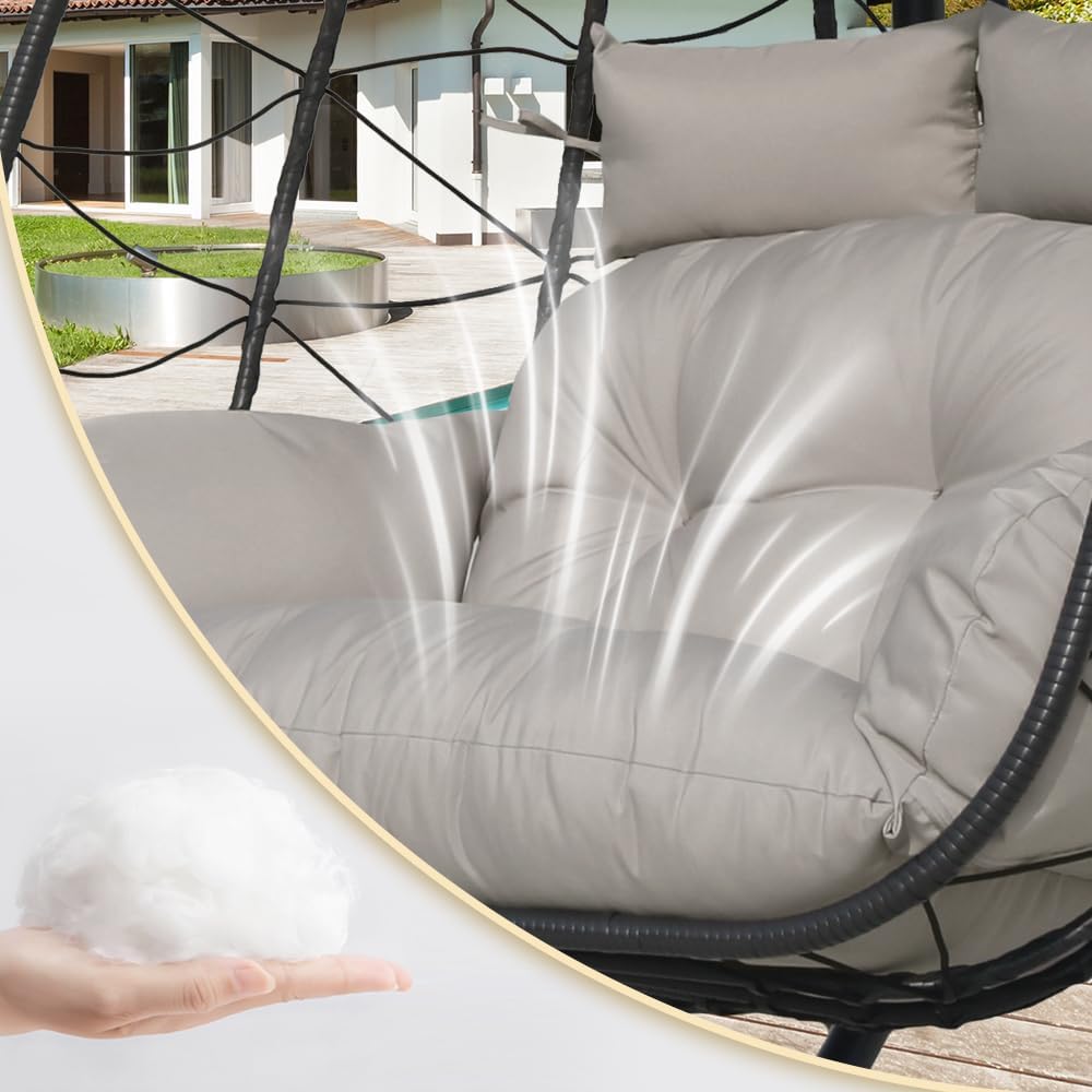 Double Egg Chair with Stand Patio Love Seats Chair w/Cushion Outdoor Waterproof Hanging Swing Wicker Rattan Basket (Gray)