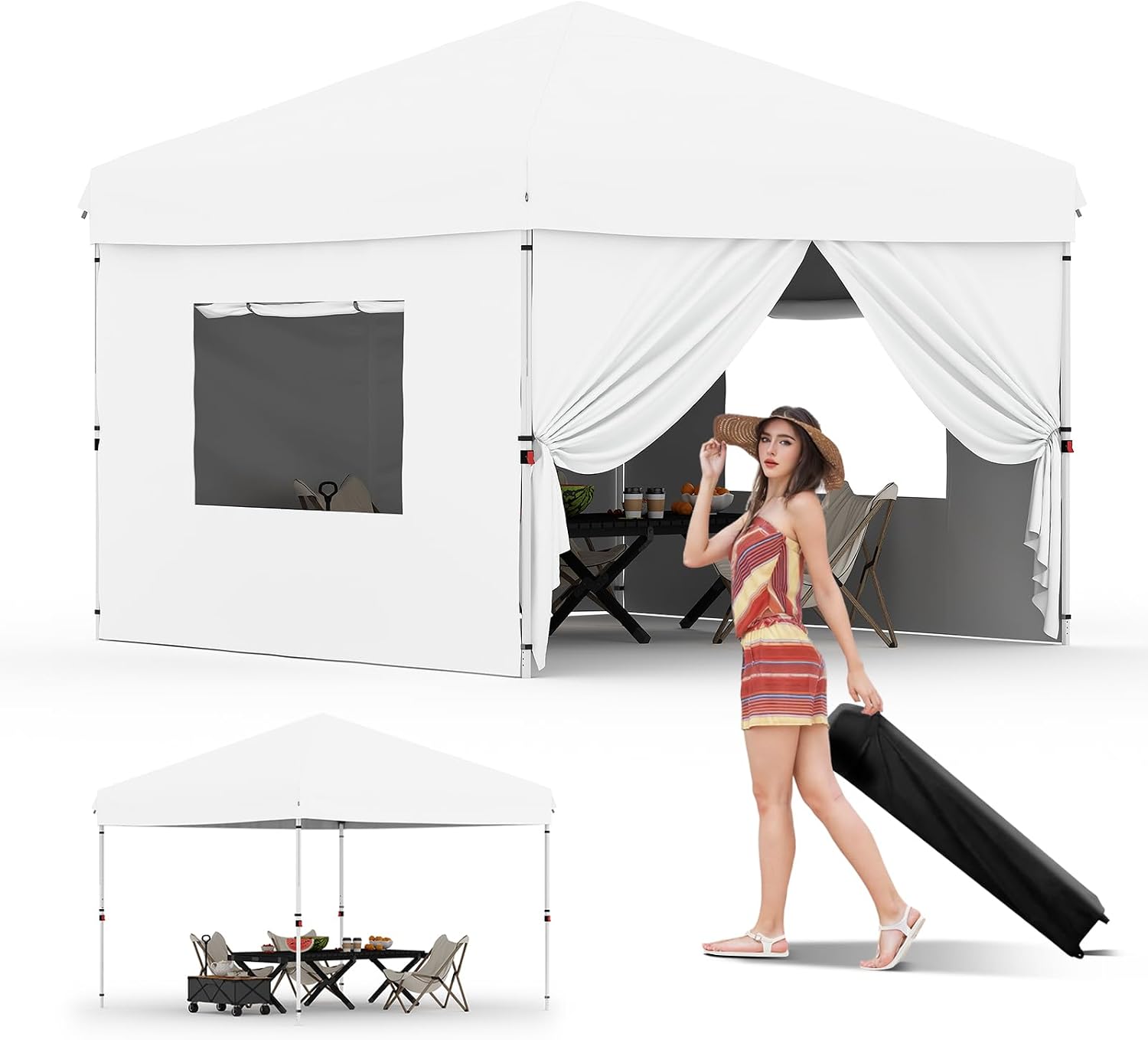 10x10FT Instant Pop Up Canopy Tent with 4 Side Walls, Heavy Duty Canopy Set, Waterproof and UV Protected Tailgate Tent for Outdoor Events (White)