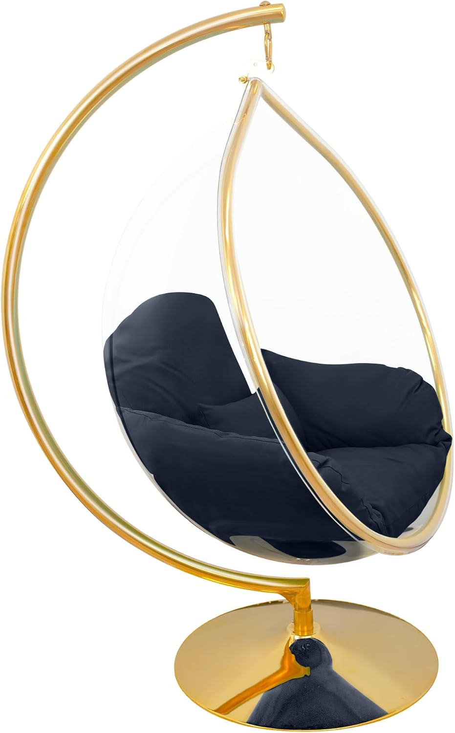 Hanging Chair - Transparent Acrylic Bubble, Waterdrop Shape, Indoor Swing Chair with Gold/Chrome Stand, Durable Fabric Cushion - Luxury Accent for Living Room, Bedroom (Gold/NavyBlue)