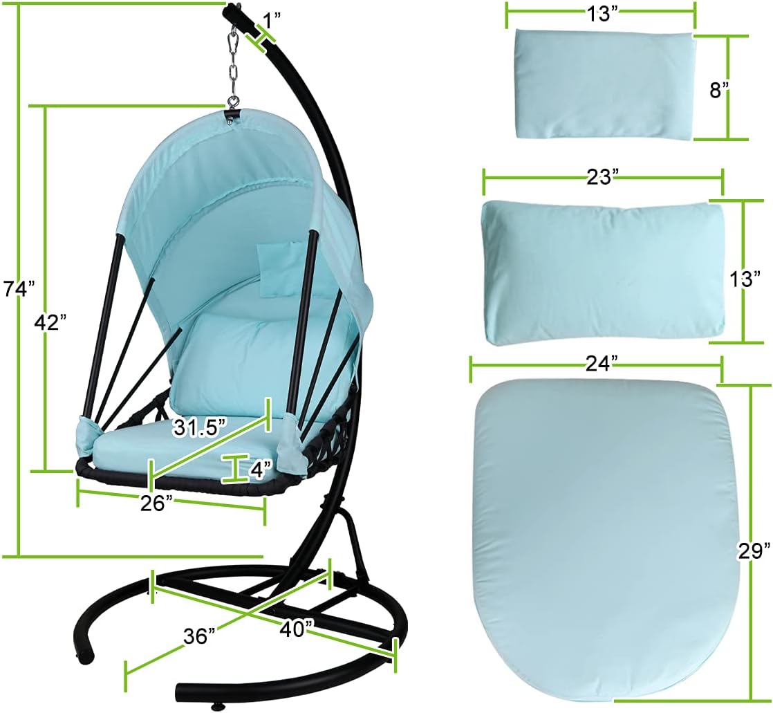 Foldable Hanging Chair Swing Hammock Egg Chair PE Rattan Wicker Seat w/Padded Cushion Headrest Pillow Canopy for Outdoor, Indoor, Blue